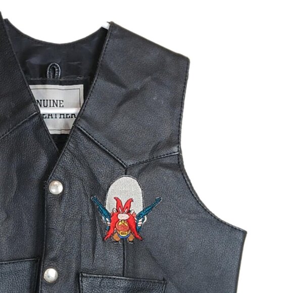 Genuine Leather Vest Boys 3XL Black Western Yosemite Sam Embroidered Vtg 80s 90s - Picture 2 of 4